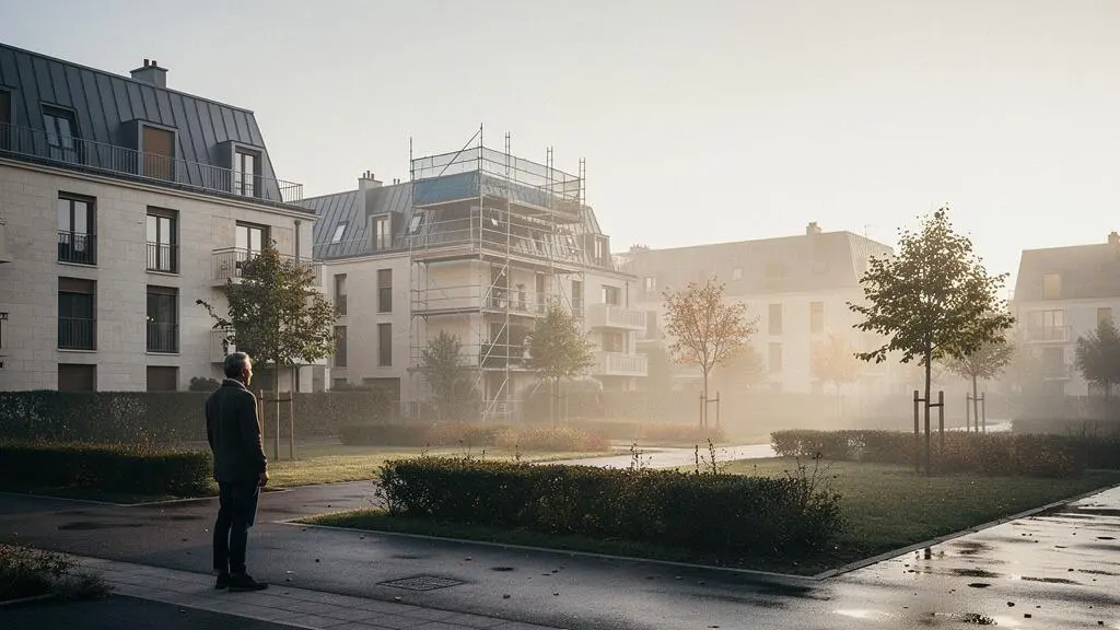 Un acheteur contemplant un nouveau quartier résidentiel français au lever du jour, symbole du bon moment pour investir dans le neuf