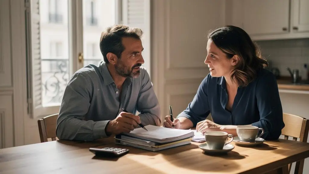Un couple français consultant ses documents financiers à la table de la cuisine, dans une ambiance lumineuse et chaleureuse évoquant la gestion des avantages fiscaux
