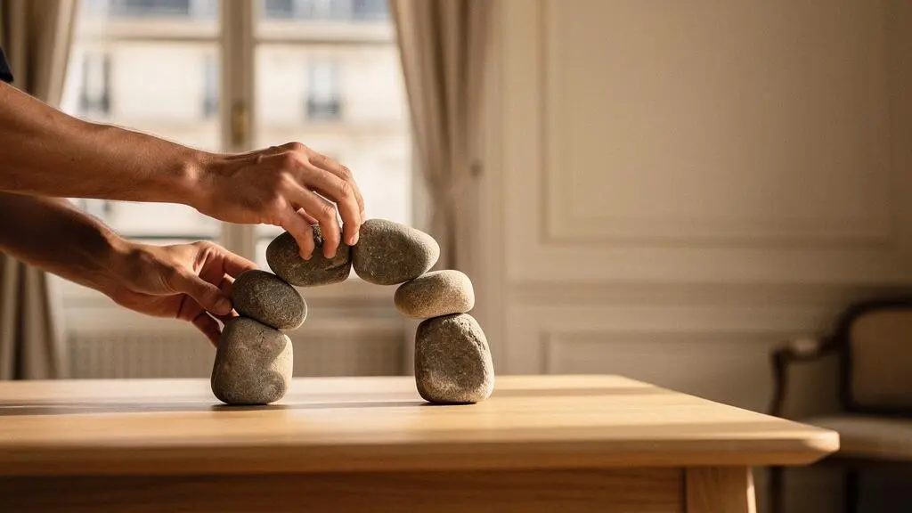 Illustration symbolique d'une stratégie fiscale patrimoniale construite pierre par pierre, dans un cadre architectural français