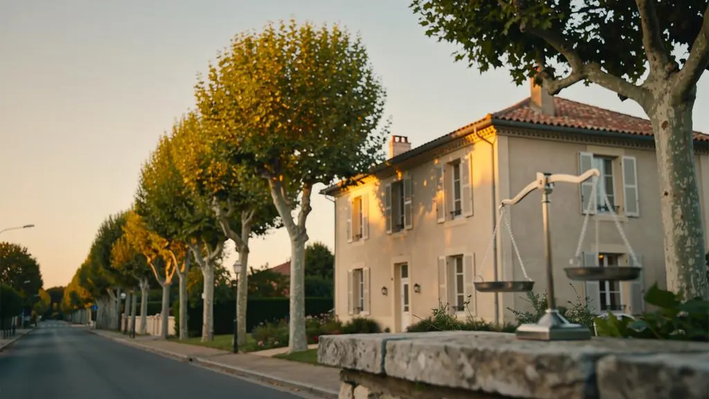 Maison pavillonnaire francaise avec une balance symbolisant le calcul de la taxe fonciere et ses degrevements