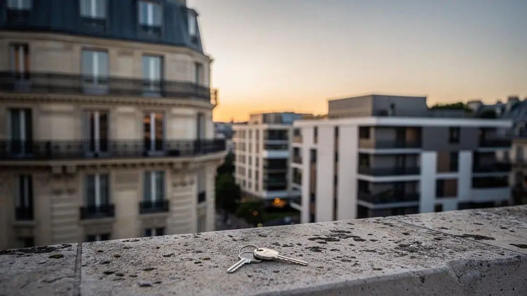 Vue symbolique d'un patrimoine immobilier français en construction progressive, illustrant la croissance d'un capital sur quinze ans