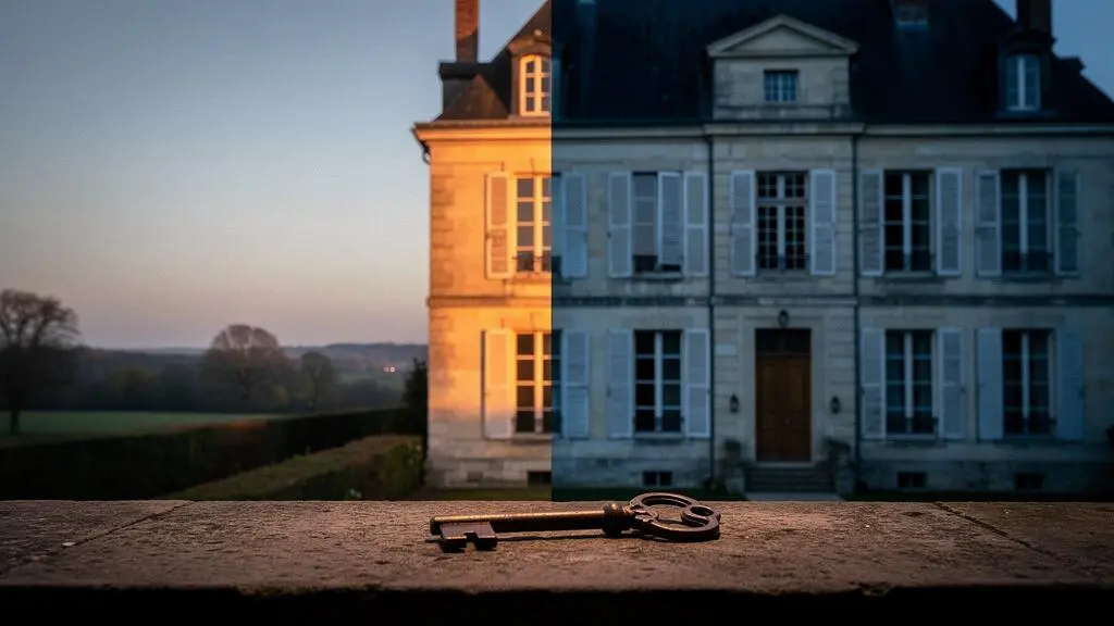 Illustration symbolique d'une maison de pierre française partagée par la lumière, représentant le démembrement entre usufruit et nue-propriété
