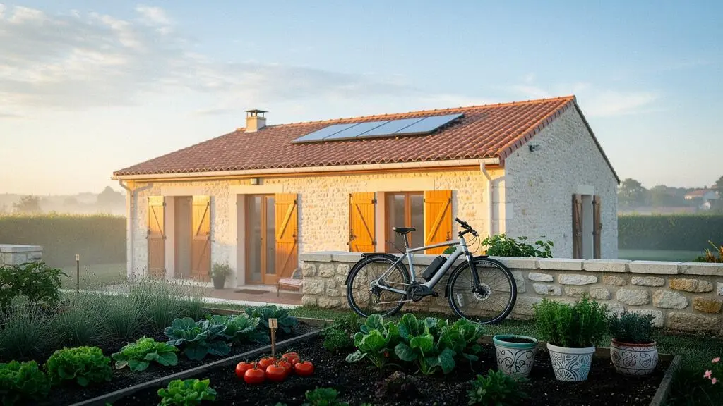 Maison française avec panneau solaire thermique sur le toit, vélo électrique et petit jardin potager, symbolisant les économies d'impôt liées aux choix écologiques du quotidien