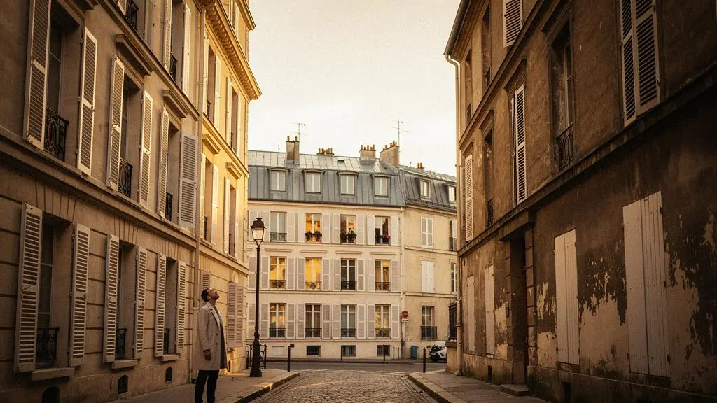 Rue résidentielle française typique avec des façades d'immeubles contrastées symbolisant l'estimation de la valeur immobilière