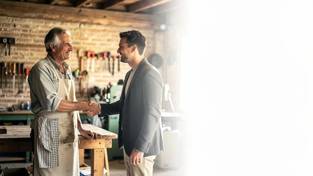 Entrepreneur et investisseur se serrant la main devant un atelier de PME française, symbolisant l'investissement au capital et l'avantage fiscal