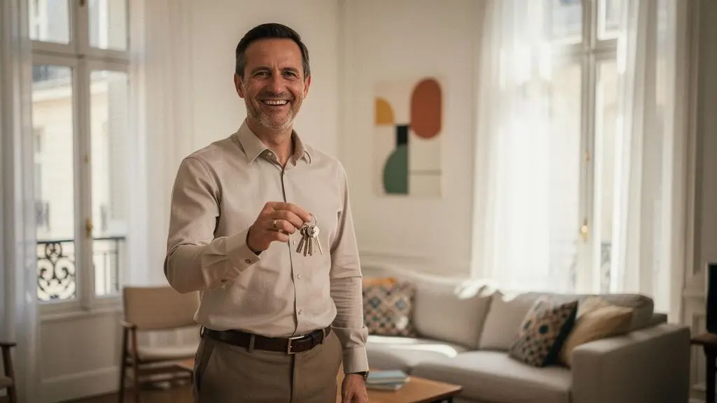 Propriétaire souriant tenant les clés d'un petit appartement meublé et lumineux, symbolisant l'allègement fiscal de la location meublée en France