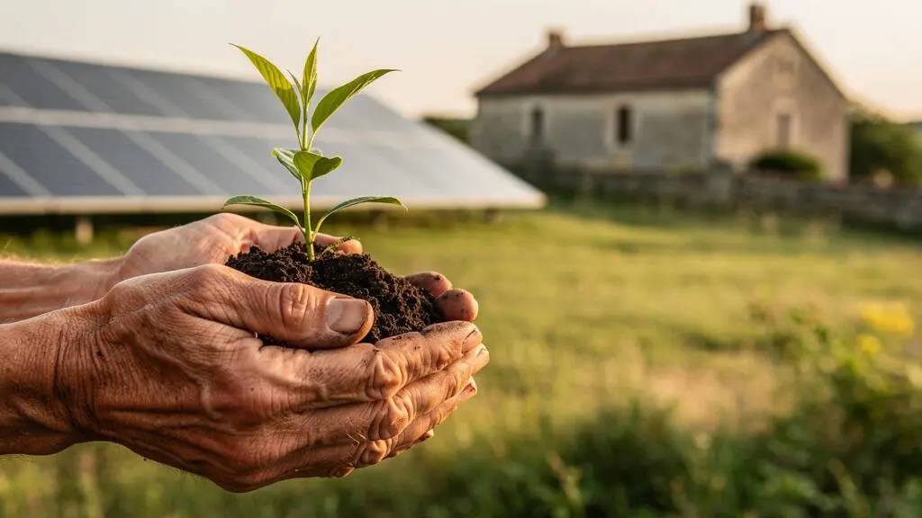 Mains tenant un jeune plant avec en arrière-plan des panneaux solaires, symbolisant la croissance des investissements écologiques en France