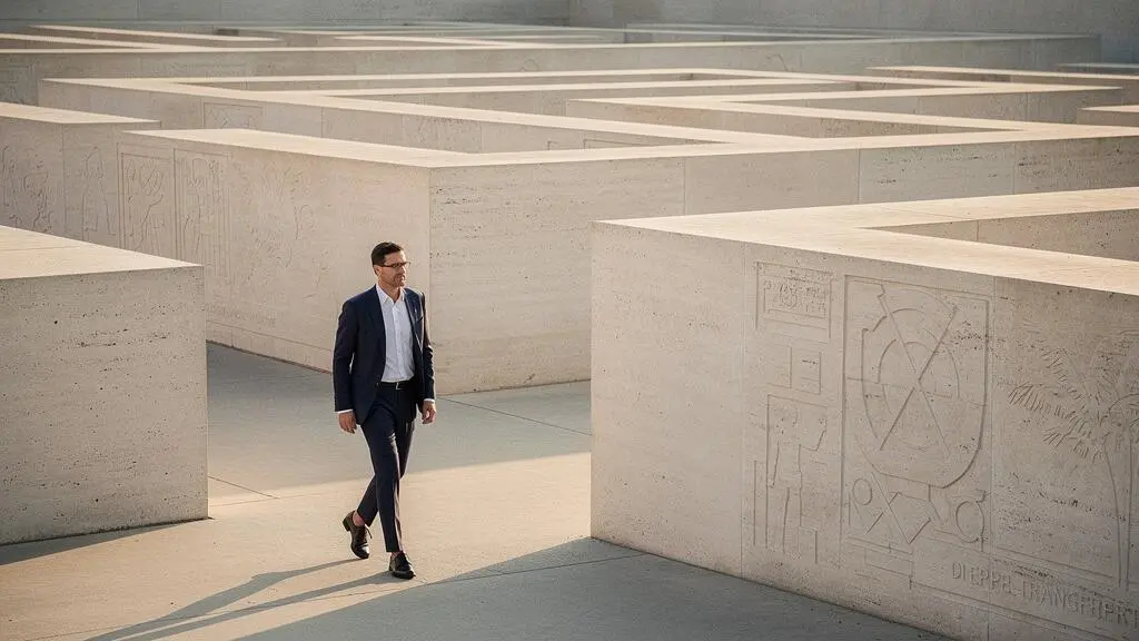 Silhouette traversant un labyrinthe minimaliste en pierre claire, symbolisant la navigation dans la complexité fiscale française