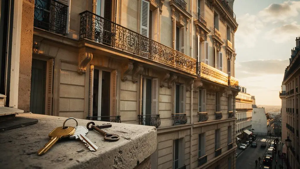 Façade d'un immeuble parisien haussmannien au crépuscule avec trois trousseaux de clés distincts symbolisant propriétaire, locataire et occupant à titre gratuit
