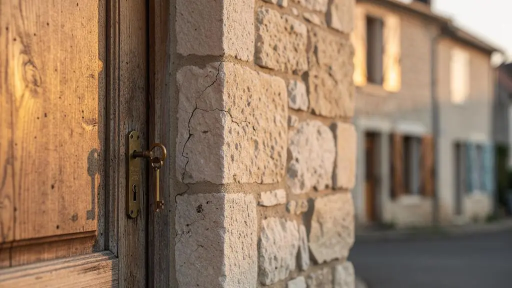 Porte d'entree d'une maison francaise traditionnelle avec une cle dans la serrure, symbolisant la distinction entre logement occupe et logement taxe
