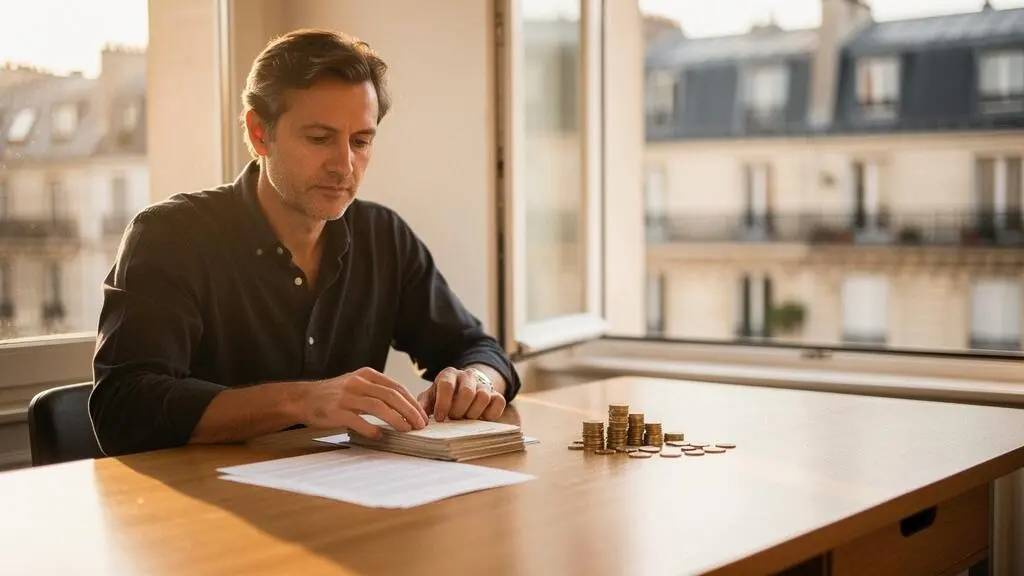 Professionnel français consultant ses documents fiscaux dans un bureau lumineux avec vue sur des toits parisiens, symbolisant la réduction de la base imposable