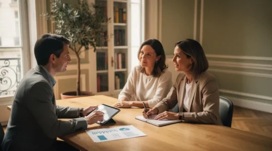 Rendez-vous entre un conseiller en gestion de patrimoine et un couple de particuliers dans un bureau elegant en France
