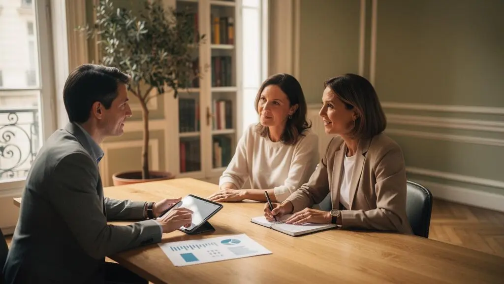 Rendez-vous entre un conseiller en gestion de patrimoine et un couple de particuliers dans un bureau elegant en France