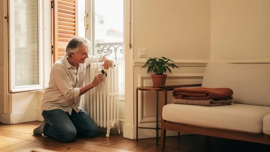 Propriétaire français ajustant un radiateur dans un salon rénové et lumineux, symbole des économies d'énergie et des aides à la rénovation