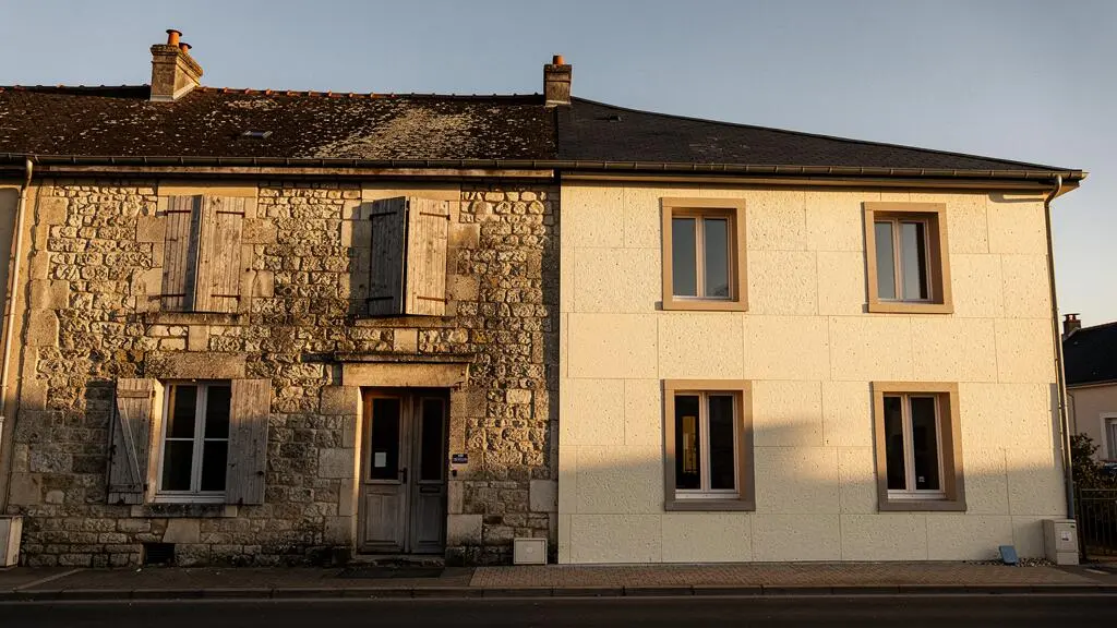 Facade d'un batiment ancien francais a moitie renove, illustrant la transformation energetique et fiscale d'un logement