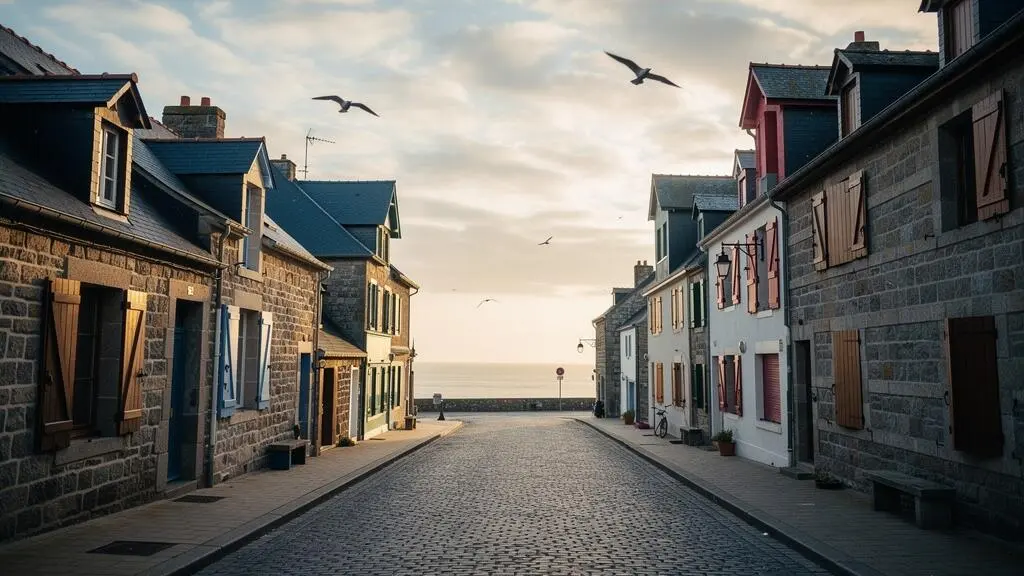 Village côtier français au crépuscule avec des résidences secondaires aux volets clos, illustrant la fiscalité locale majorée