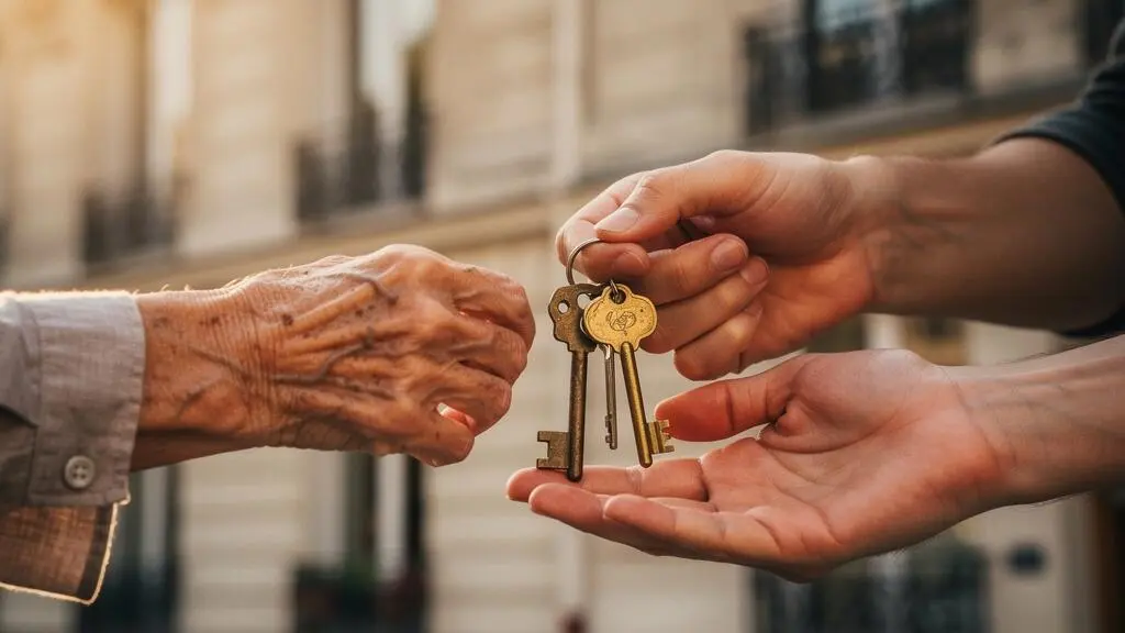 Mains de deux générations tenant symboliquement les clés d'un appartement haussmannien, illustrant la transmission en usufruit et nue-propriété en France