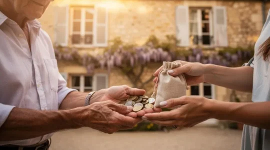 Trois générations d'une famille française réunies symbolisant la transmission progressive d'un patrimoine sans droits de donation
