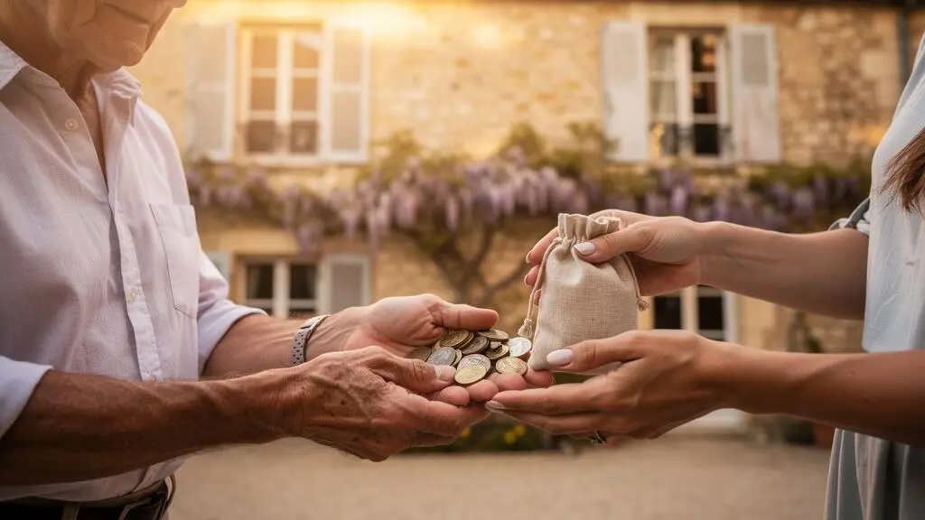 Trois générations d'une famille française réunies symbolisant la transmission progressive d'un patrimoine sans droits de donation