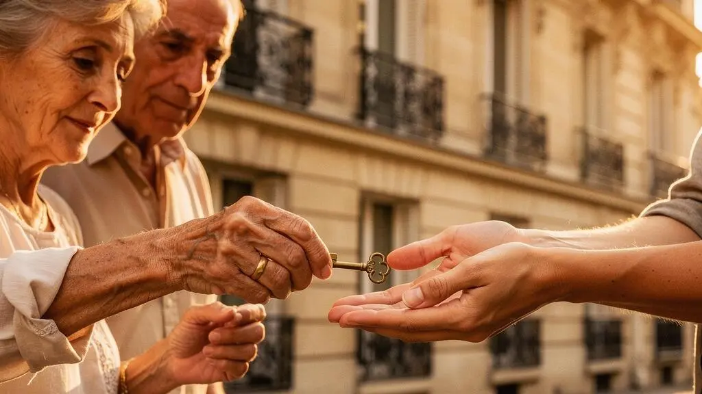 Mains de deux générations tenant symboliquement les clés d'un immeuble familial francais, illustrant la transmission progressive d'un patrimoine via une SCI