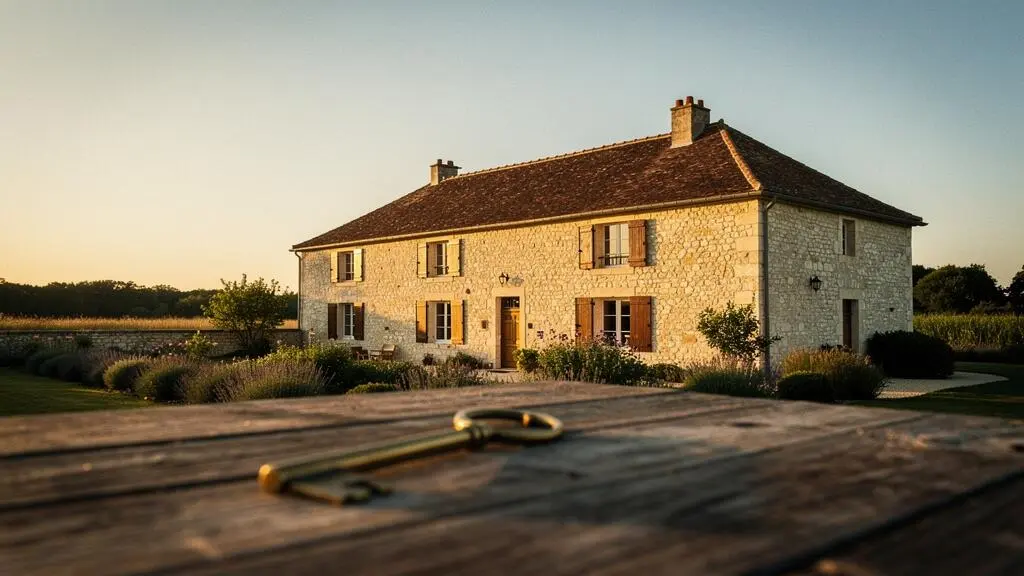 Maison de pierre en Provence au coucher du soleil avec une clé ancienne posée au premier plan, symbole de la transmission patrimoniale entre générations