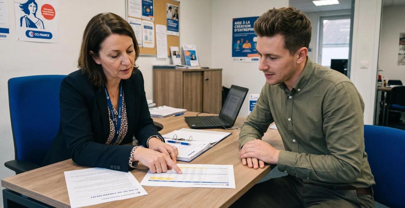 Conseiller en création d'entreprise et porteur de projet échangeant autour de documents prévisionnels dans un bureau d'organisme d'accompagnement français (CCI/BGE), les deux personnes concentrées sur les documents posés sur la table