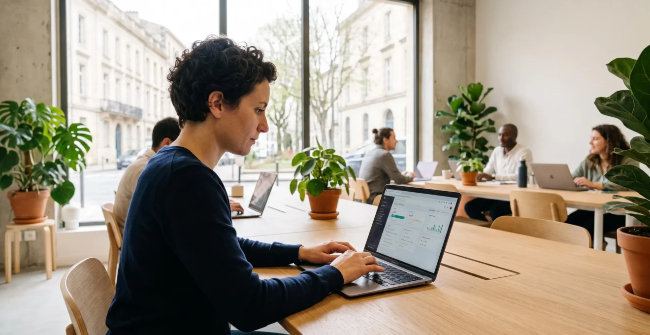 Entrepreneur trentenaire concentré sur son ordinateur portable dans un espace de coworking français moderne avec lumière naturelle, mobilier épuré en bois clair et plantes vertes