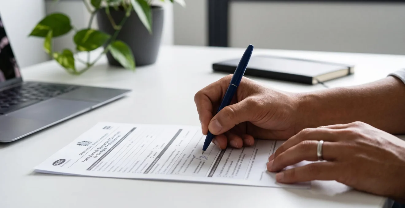 Gros plan de mains signant un document administratif français (formulaire ou contrat) sur un bureau contemporain avec lumière naturelle, stylo en position naturelle d'écriture