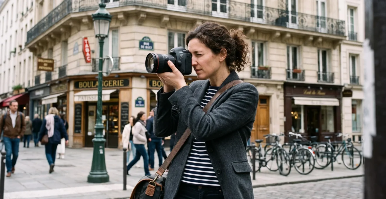 Professionnel indépendant français en activité concrète (photographe cadrant une scène, graphiste présentant des maquettes ou artisan en mesure) dans un contexte urbain typiquement français